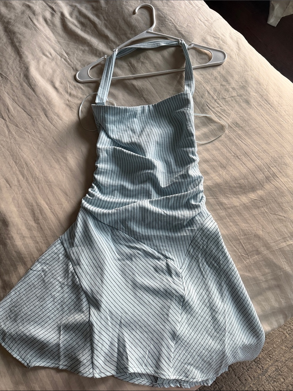 Light Blue Pinstripe Halter Slip Dress